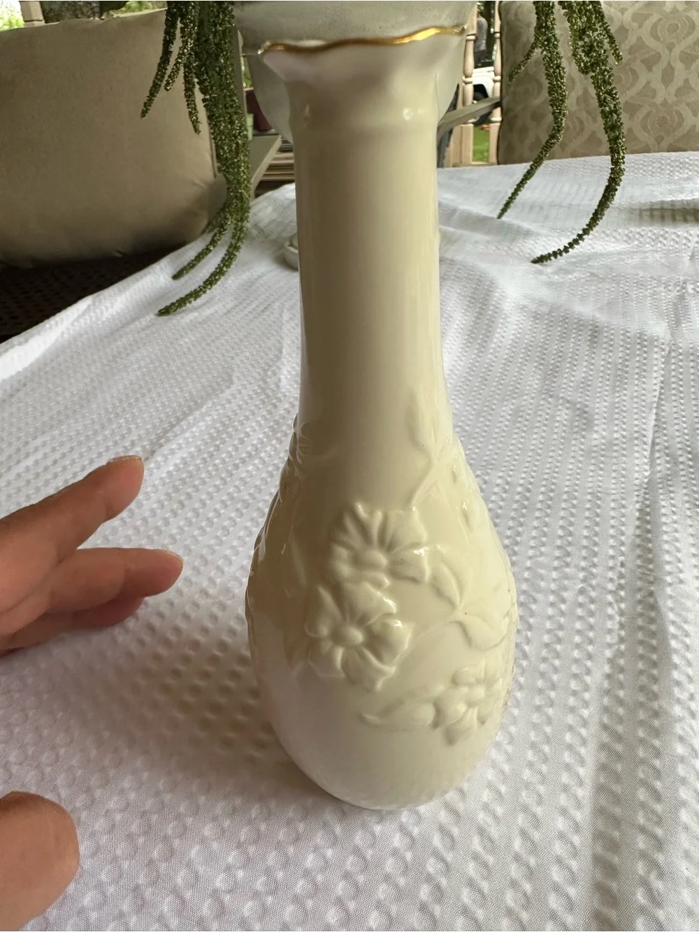 Lenox Cream Floral Embossed Bud Vase with Gold Rim